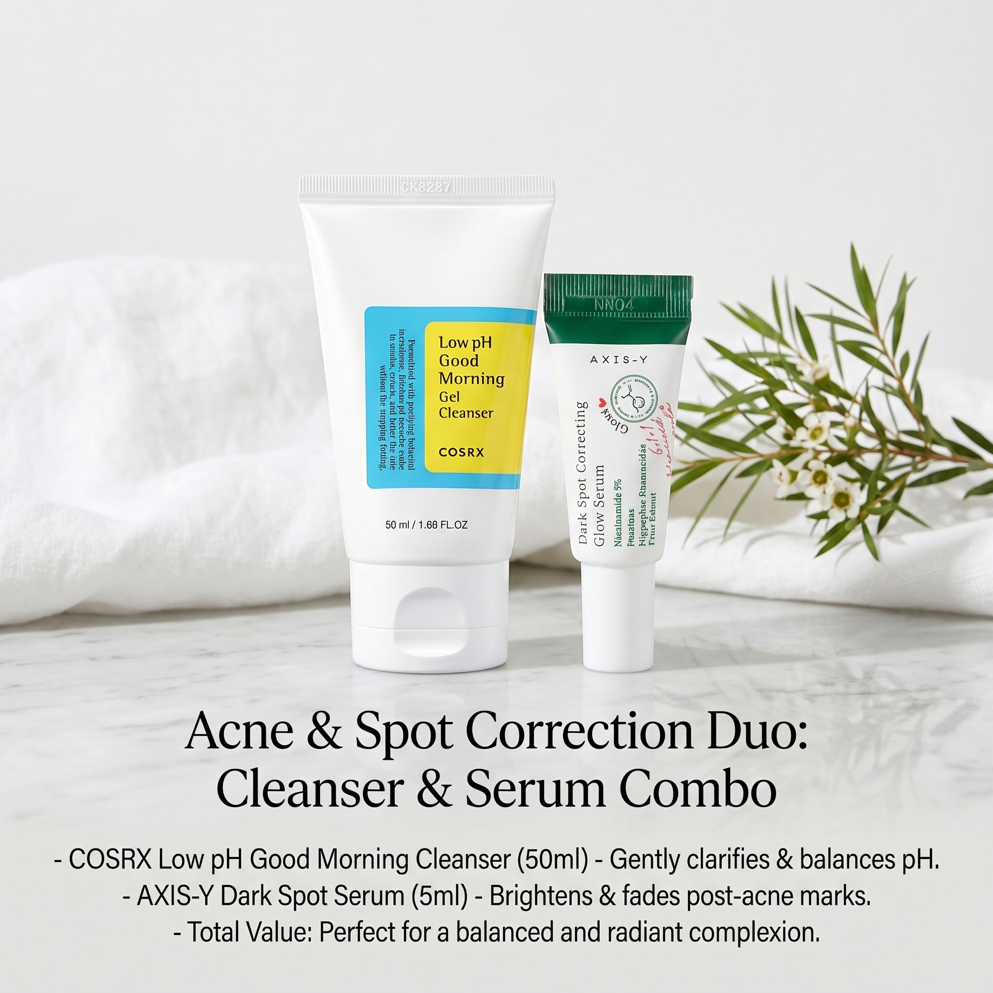 Acne Combo: Cosrx Low pH Cleanser 50ml + AXIS-Y Dark Spot Serum 5ml  SKU: AcneComboMini2